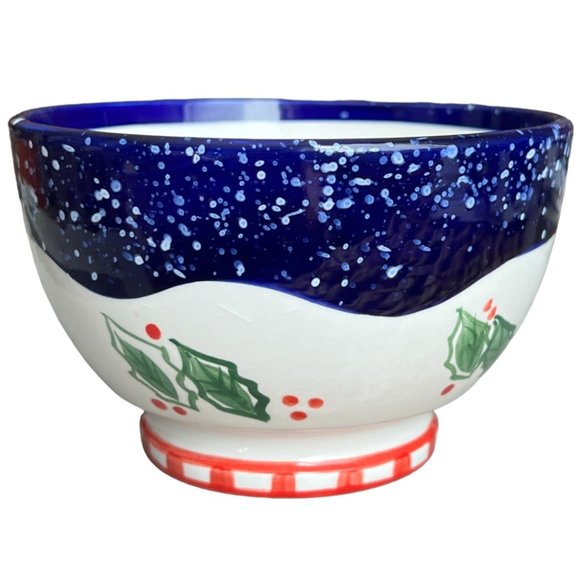 Vtg SMUCKER'S Ceramic Winter Bowl Holly Snow Jelly Jar "Lid" Footed 2002 3.5" t - Picture 1 of 7